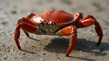Close-up of a vibrant red crab on sandy ground photo