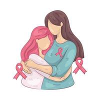 Women hugging with pink ribbons vector