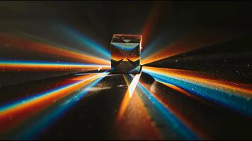 Single crystal prism reflecting colorful rays of light, dark background video