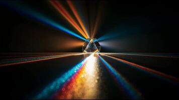 Crystal prism on the edge of the Earth's horizon, with colorful light rays emanating from it in all directions video
