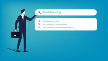 Searching for information. Businessman looks for something on the Internet browser search bar frame. Search engine with keyword suggestion vector