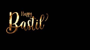 Happy Bastille Day text animated in gold, black, and white colors. Ideal for Bastille Day social media posts, invitations, or event flyers. Joyful and celebratory. video