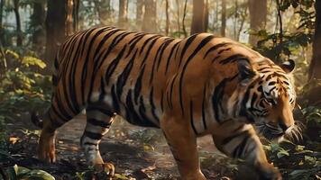 a tiger walking through the woods in the morning video