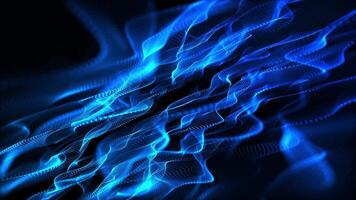 Dynamic blue abstract wave of glowing particles and lines, flowing in motion on dark background. Futuristic technology background, digital energy flow, data visualization animation video