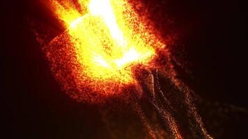 Bright glowing orange and gold particles forming an abstract fiery explosion in dark space, perfect dynamic background for motion graphics, festive, energy and cosmic projects. Seamless loop 4k video
