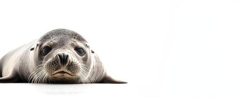 A seal is laying down on a white background photo