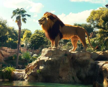 Majestic lion atop a rock in a lush jungle setting photo