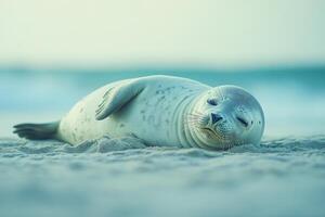Sleepy seal resting on beach photo