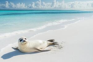 Adorable seal pup on a pristine beach photo