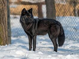 Black wolf in snowy enclosure photo