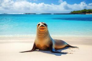 Smiling sea lion on a beach photo