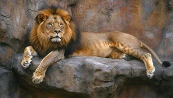A lion is laying on a rock in front of a wall photo