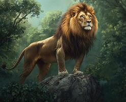 Majestic lion on a rock overlooking a lush forest photo