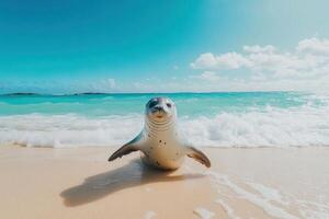 A playful seal pup on a sunny beach photo
