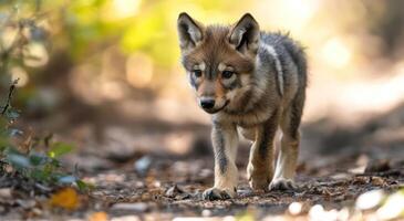 Young wolf pup in forest photo