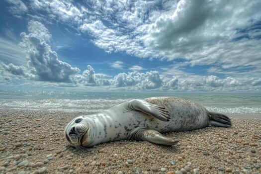A seal rests on a sandy beach under a vibrant sky photo