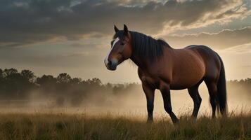 Majestic horse in a golden sunrise mist photo