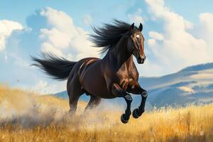 Majestic brown horse galloping across a golden field under a partly cloudy sky photo