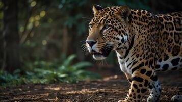 Jaguar in a forest setting. Close-up profile view photo