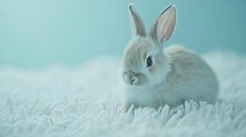 Cute baby rabbit on soft white fur photo