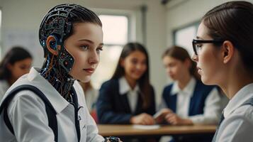 Teen girl and robot in classroom photo