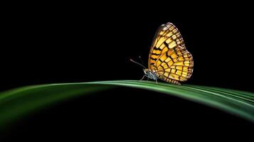 A golden butterfly rests gracefully on a smooth, flowing green surface against a stark black background photo