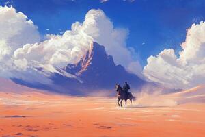 Rider on horse across desert landscape photo