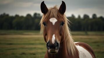 Portrait of a horse in a field. A beautiful animal photo