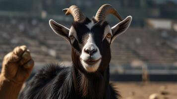A goat with horns and a long tail photo
