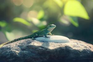 A lizard is sitting on a rock in the water photo