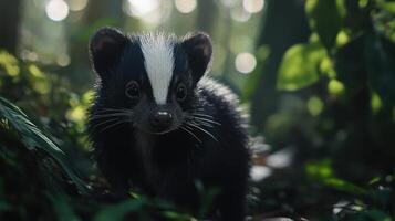 Baby skunk in a lush forest setting photo
