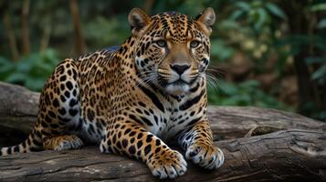 A jaguar is sitting on a log in the forest photo