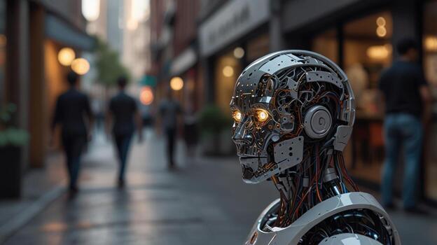 Robot in city street scene photo