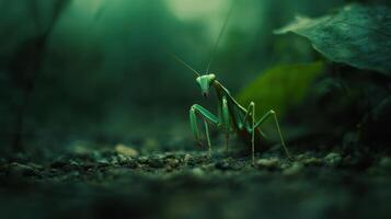 A vibrant green praying mantis positioned on the ground, bathed in a soft, muted green light photo