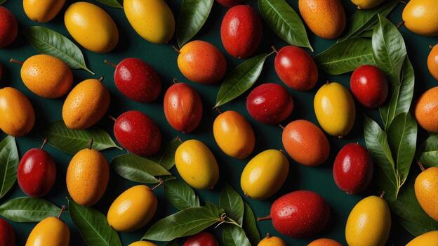 Many different types of mangoes are arranged on a green background photo