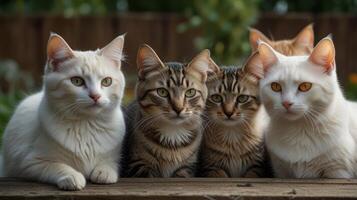 Five cats sitting on a wooden bench photo