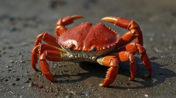 A red crab on the beach with its legs spread photo