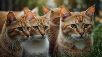 A group of orange and white cats sitting in the grass photo