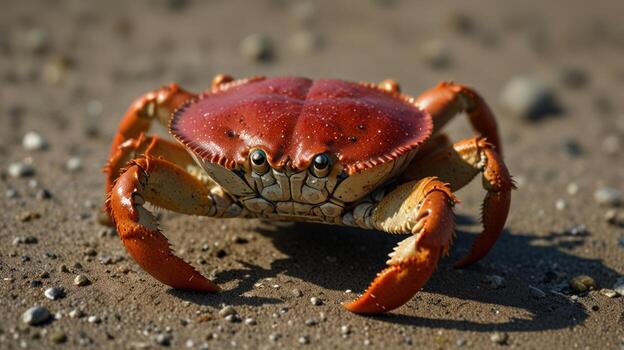 Close-up of a red crab on sand photo
