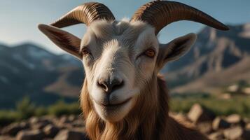 A goat with big horns and a mountain in the background photo