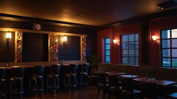 A bar with black walls and red trim photo