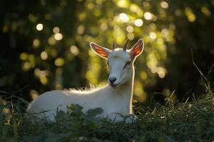 White goat in sunlit forest photo