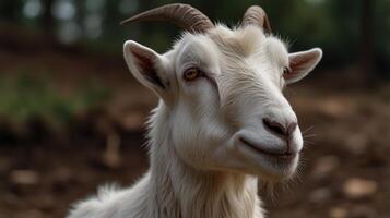 A close up of a goat with big horns photo