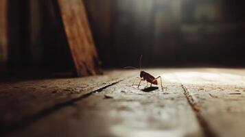 Close-up of insect on weathered wood floor photo