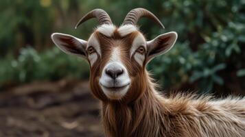 A goat with long horns standing in the grass photo