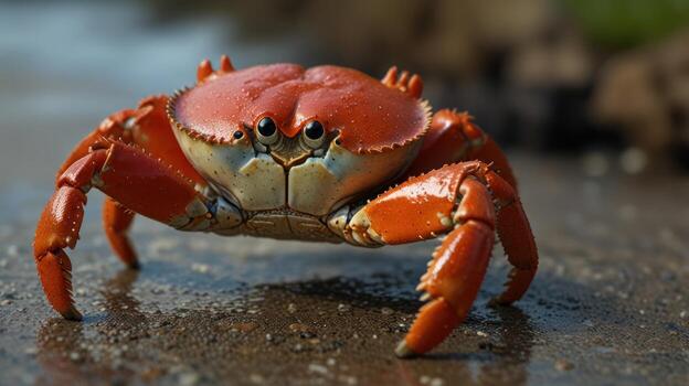 A crab with large eyes and a red body photo