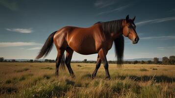 A brown horse walks across a golden field under a dramatic sky photo