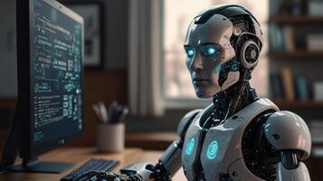 Robotic worker at a computer photo