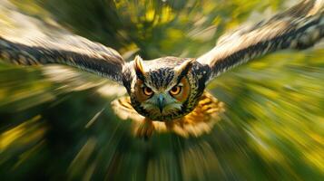 Owl in flight, blurred background photo