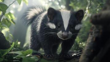 A small, black and white animal in a lush forest setting photo